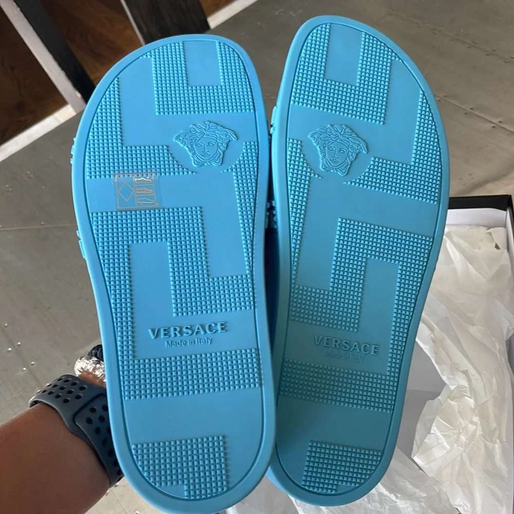 Versace mens sky blue rubber pvc Medusa slides sandals flats sz 42